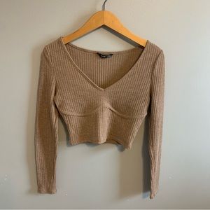 SHEIN Bustier Style Brass Brown Ribbed V-Neck Long Sleeves Crop top